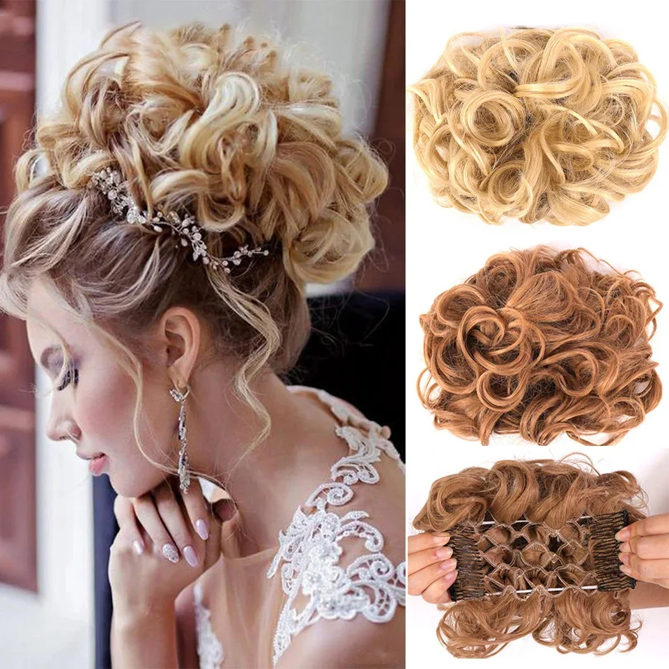 

Synthetic Messy Bun Curly Comb Clip In Curly Hair Extension Chignon Hair Pieces for Women Bride Cover Haircomb Extension