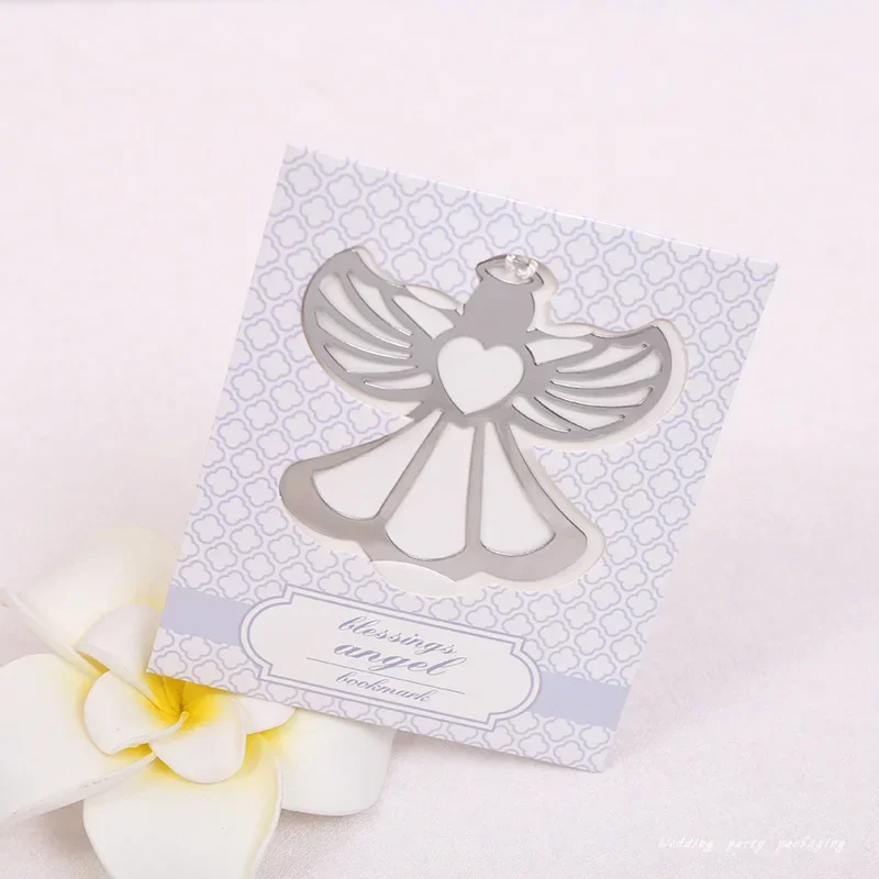 10/50Pcs FREE SHIPPING+"Blessings" Metal Angel Bookmark With a Lovely White Tassel Baby Christening Souvenir Wedding Favors