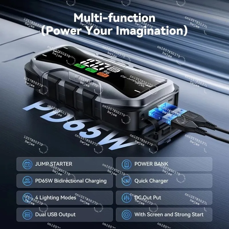 For 10 PD65W Bidirectional Charging Car Power Pack, 12V 6000A Portable Car Jump Starter, Emergency Booster