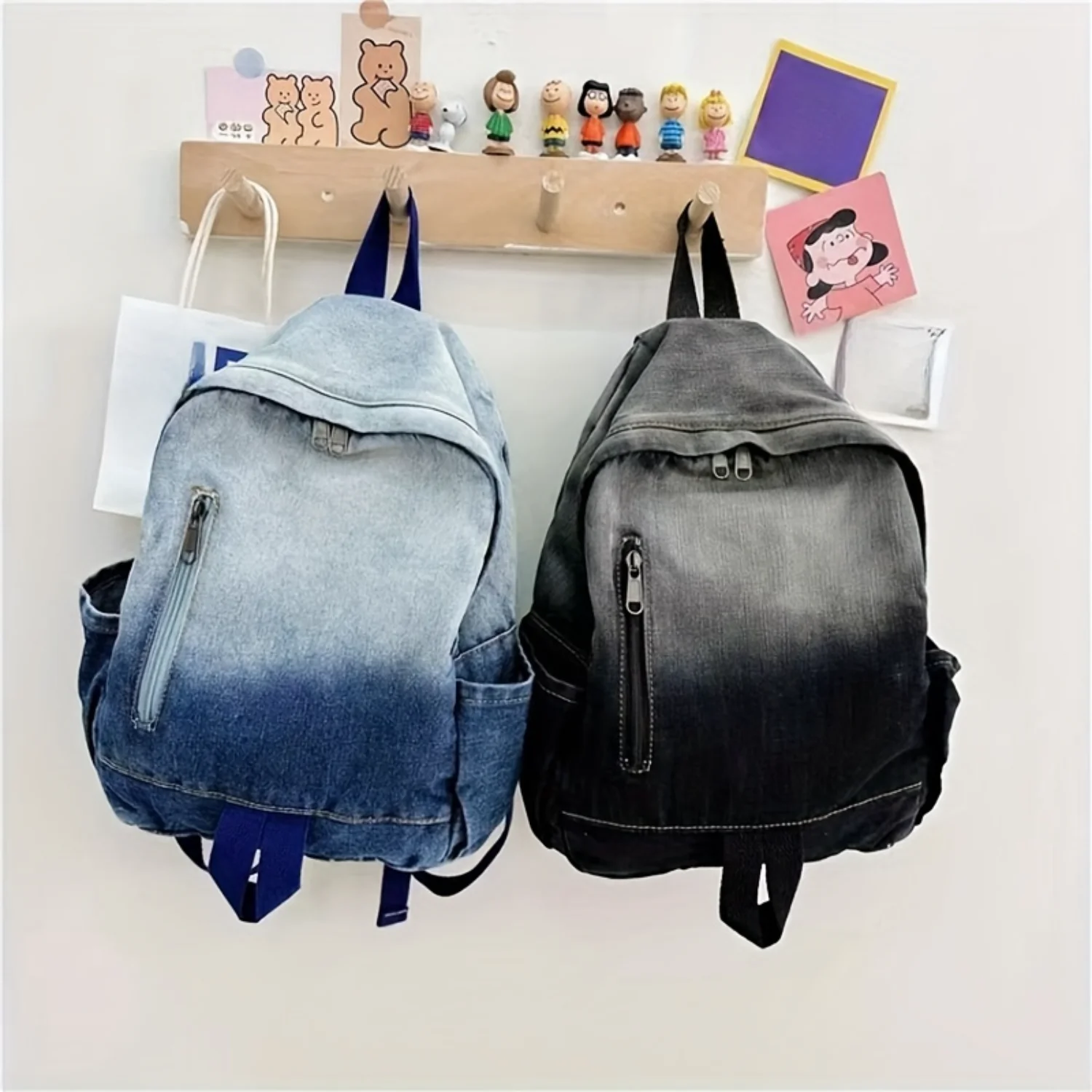 

Casual Gradient Denim Backpack, Retro Distressed Washed Canvas School Bag, Large Capacity All-match Backpack
