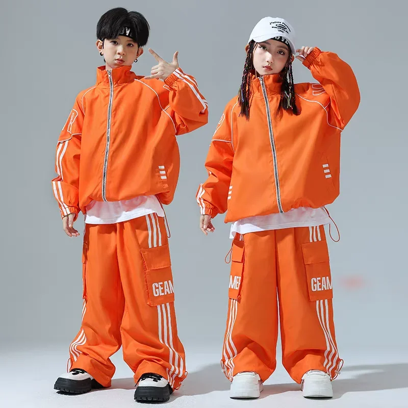 

New Street Dance Costumes for Kids Children Orange Hip Hop Suit Fashion Jacket Pants Modern Kpop Outfits Teens Girls Stage Sets