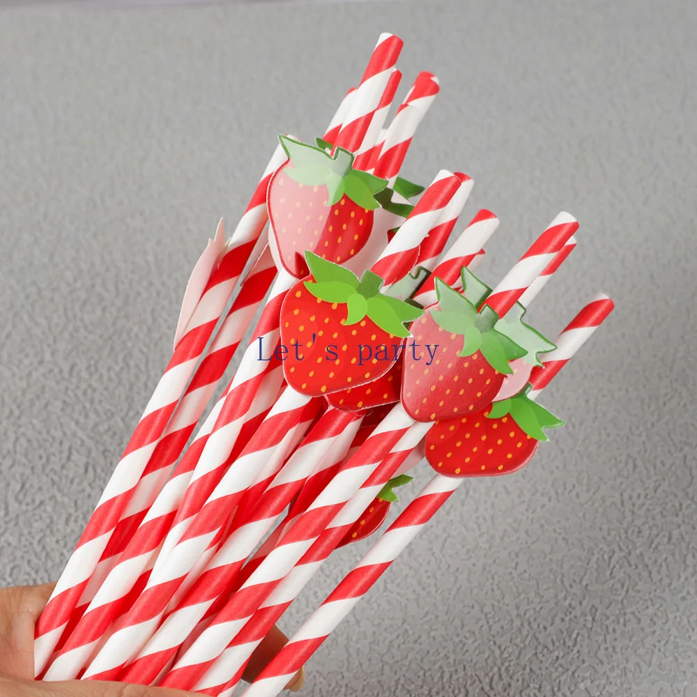 30Pcs Sweet Fruit Strawberry Theme Disposable Paper Straws Bar Drinking Straw for Kids Birthday Baby Shower Party Decoration