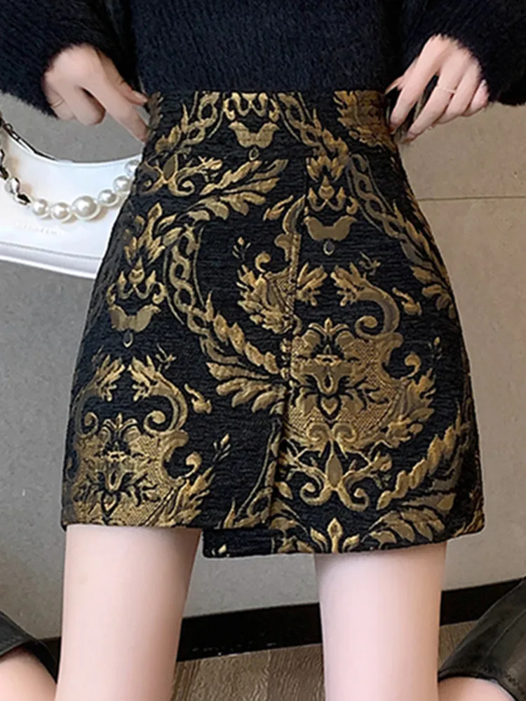 SMTHMA New Autumn New Palace Style French Vintage Jacquard Skirt Women\'s  High Waist Elegant A- Line Skirt Female Clothing