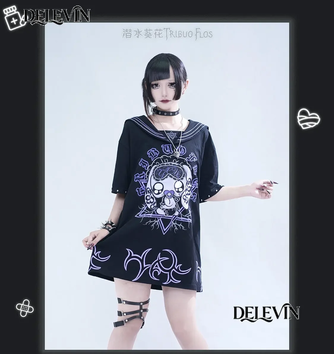 Original Japanese Subculture Navy Collar White T-shirt Y2k Top Two-dimensional Cartoon Print Loose Tshirt Short-sleeved Tops