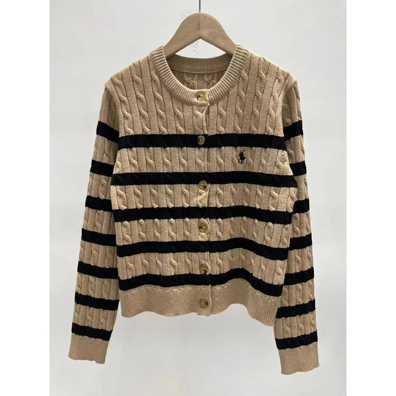 

Autumn Winter Vintage Stripe Knitted Cardigan Women Sweater Fashion Knitted Chic Embroidery Knitwear