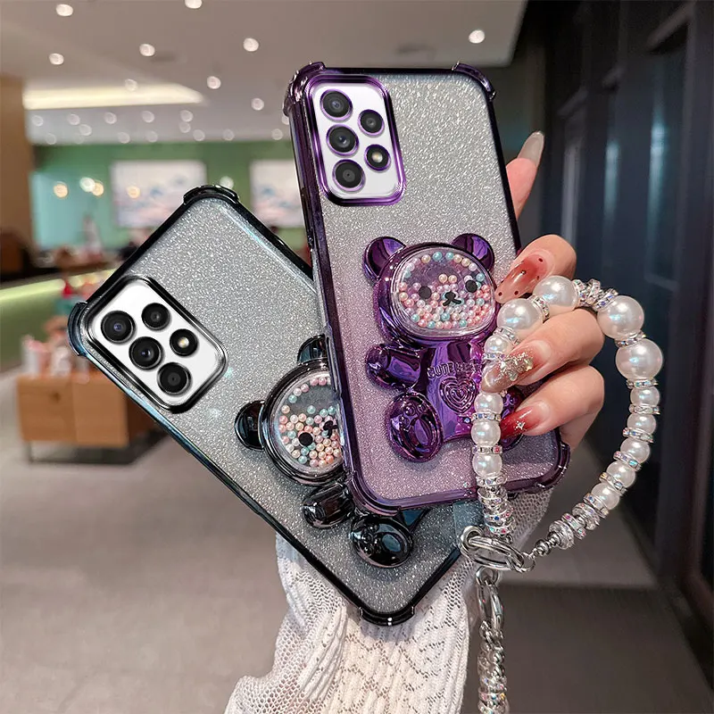 Cute Bear Cartoon Holder Pearl lanyard Strap Shockproof Glitter Phone Case For Samsung Galaxy A04s A13 A23 A32 A33 Back Cover