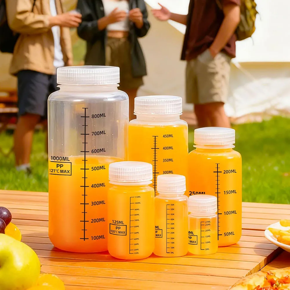 Set of 2 Wide Mouth Plastic Bottles with Lids PP Containers Jars 250ml 500ml 1000ml for Water Juice Liquid Storage Bottle