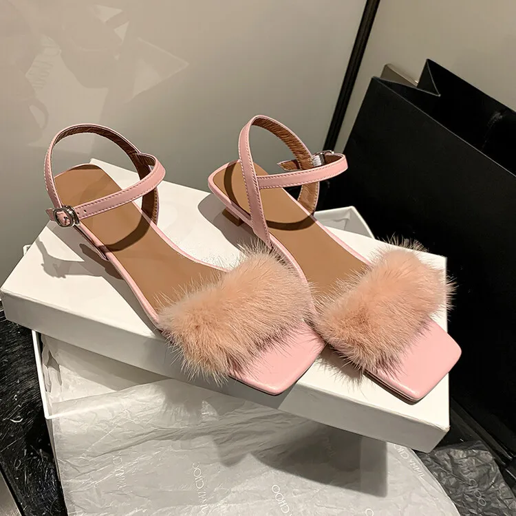 Pink Mink Fur Women Sandals Chic Ankle Strap Prom Summer Pump Shoes 3cm Kitten Heels Black Sandalias Femininos Zapatos Mujer