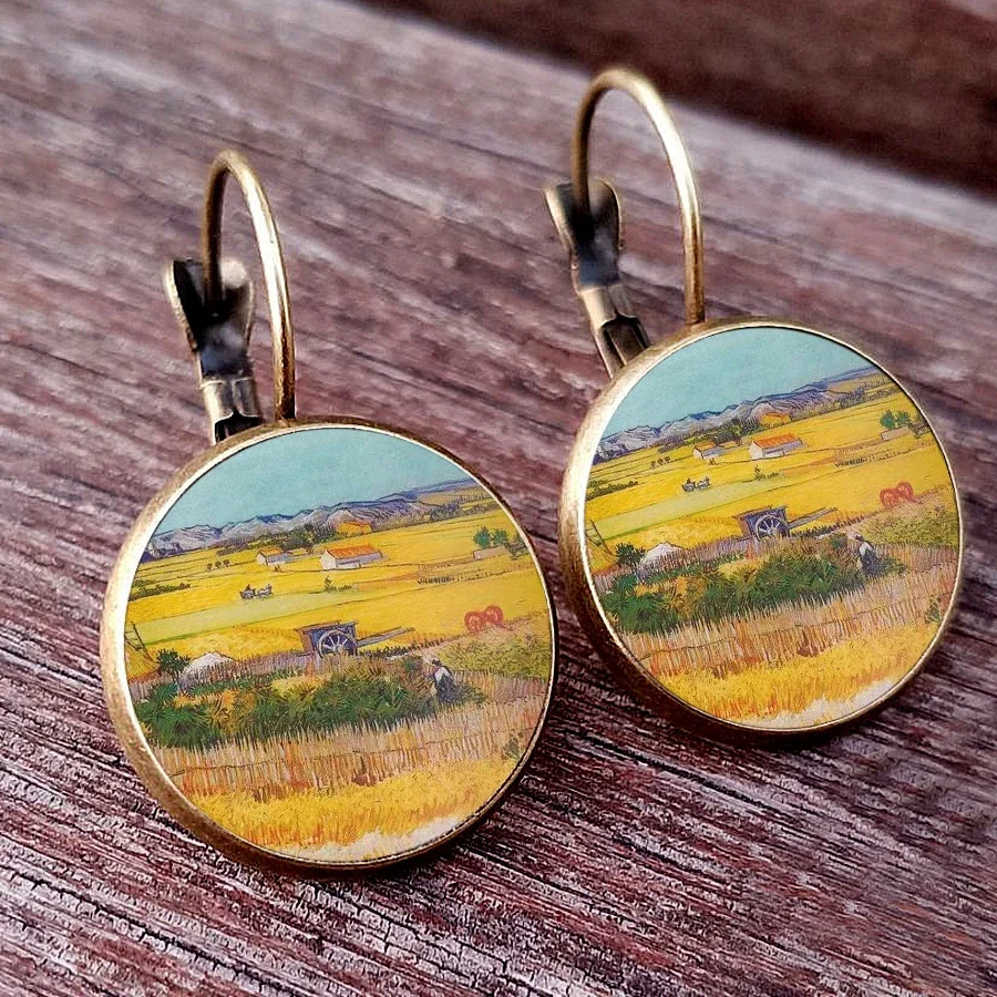 Van Gogh Painting Ear Studs Van Gogh\'s Autumn Painting of Starry Night  Round Jewelry Glass Dome earrings Autumn Vintage Earring