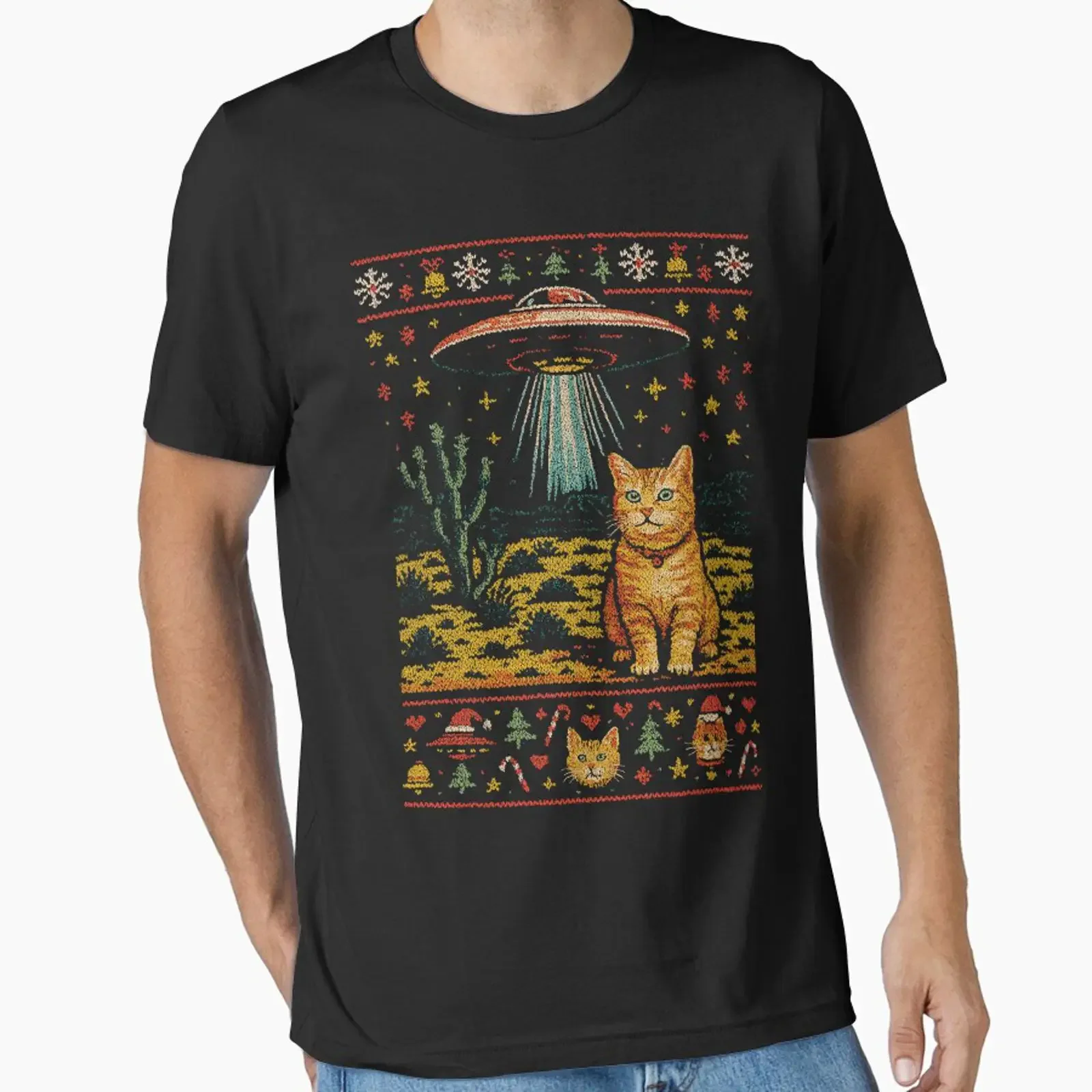 Funny UFO Abduction Ginger Cat Ugly Christmas T Shirt Retro Desert Alien Kitten Meme Xmas Holiday for Lovers vintage Washed