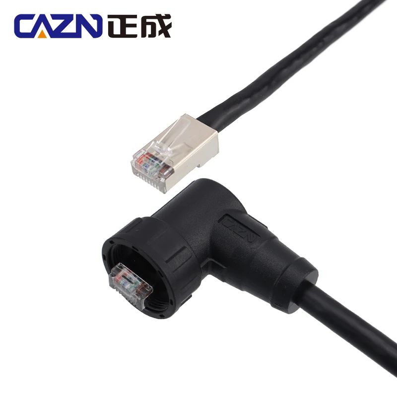 CAZN RJ45 Right Angle Male Overmolded Plug  CAT5e CAT6a RJ45 Waterproof Cable Industrial Ethernet Plug IP67 Plastic