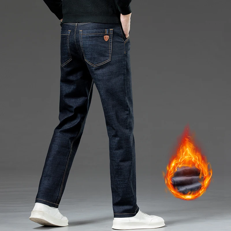 Winter Velvet Warm Jeans Men's Business Thick Work Pants Fashion High Waist Stretch Wool Straight Pants Brand Men's Hot Pants