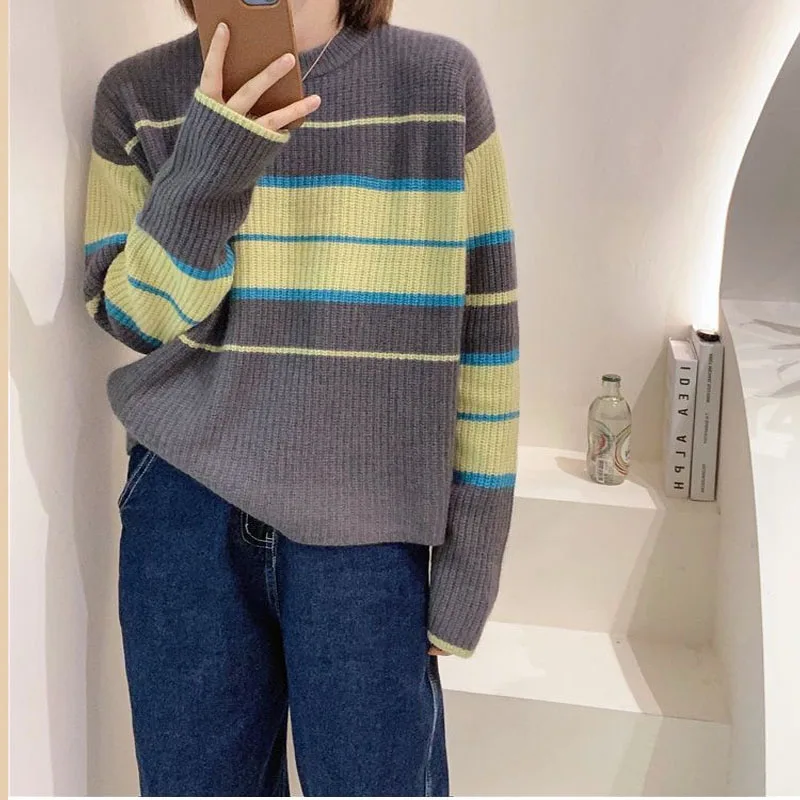 O-Neck Rose Red Gray Colour Striped Patchwork Women Top Color Contrast Thick Sense of Design Fashion Knitting Sweaters Pretty