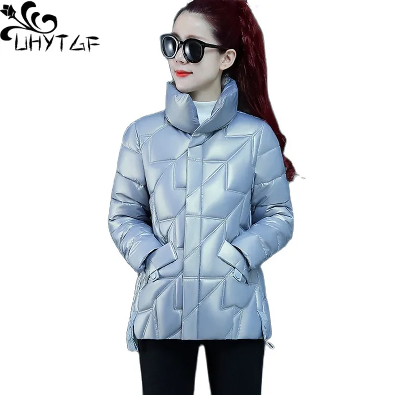

UHYTGF 2020 Shiny Down Jacket Parkas Women Autumn Winter Cotton Coat Female Solid Thicken Casual Warm Short Overcoat Abrigos1859
