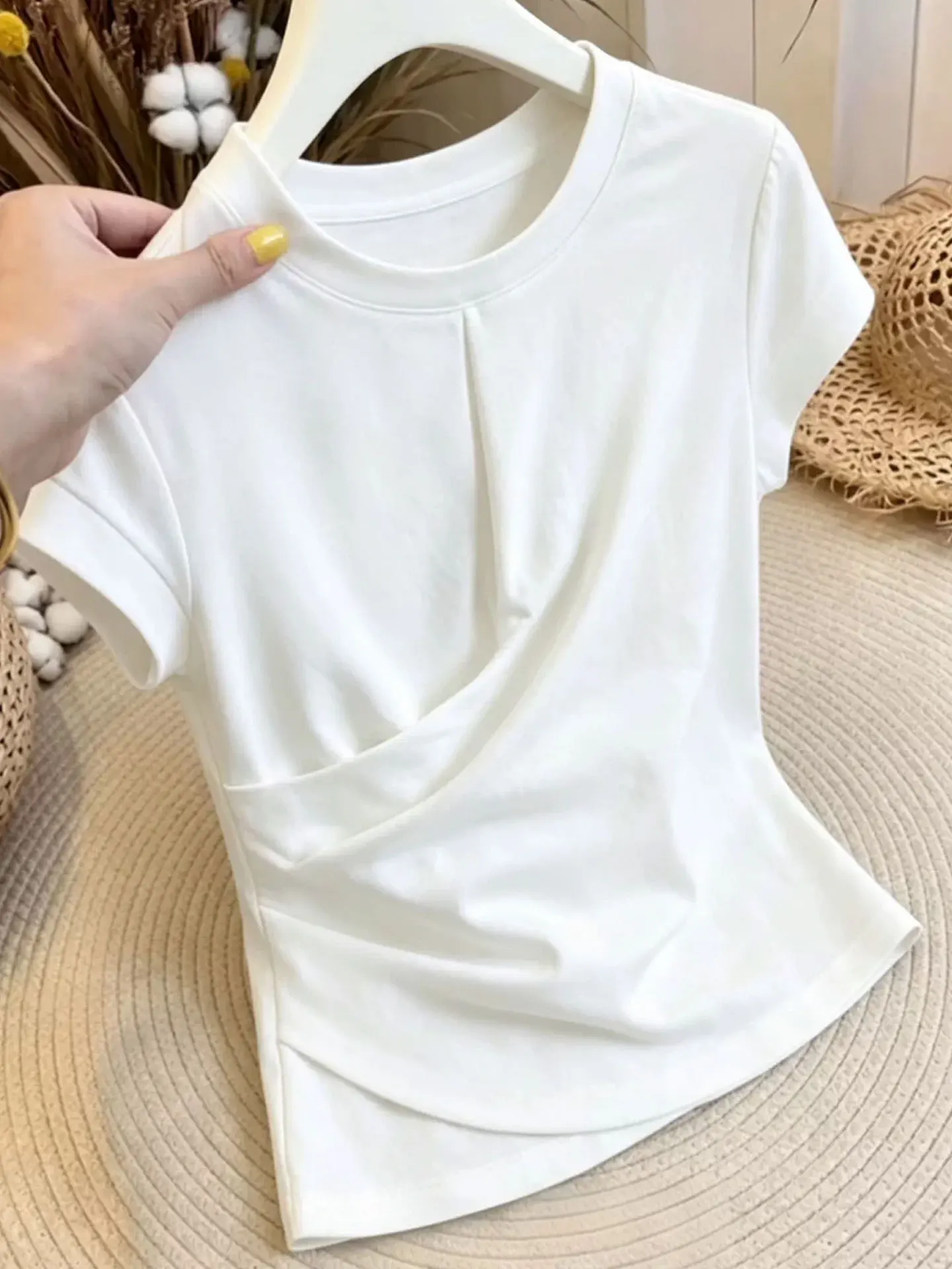 

Korean Style round Neck Short Sleeve T-Shirt Women's Slim Fit Pure Color Waist-Cinching Fashionable Versatile Summer Top
