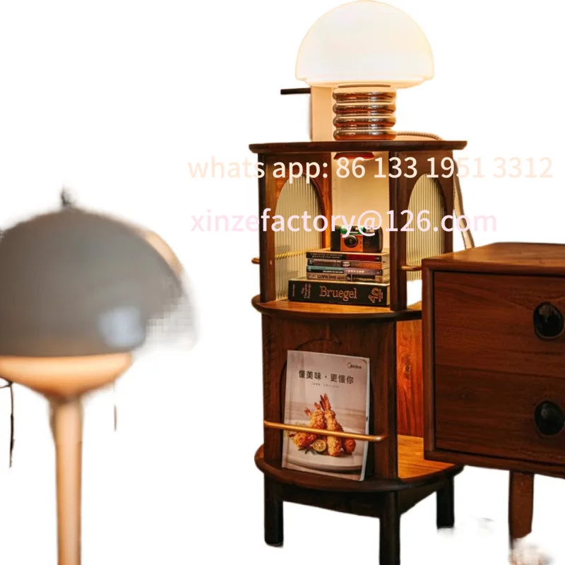 

Walnut mobile rotating side table medieval furniture living room sofa storage tea cabinet bedside solid wood bookshelf