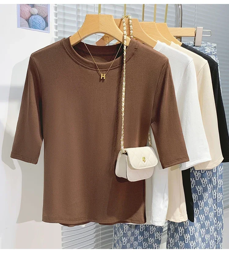 zjaiss 2026 Frühling Herbst Baumwolle Damen T-Shirt Modisches Basic Rundhals-Shirt Einfarbiges Damen Kurzarm-Oberteil – Detail 10