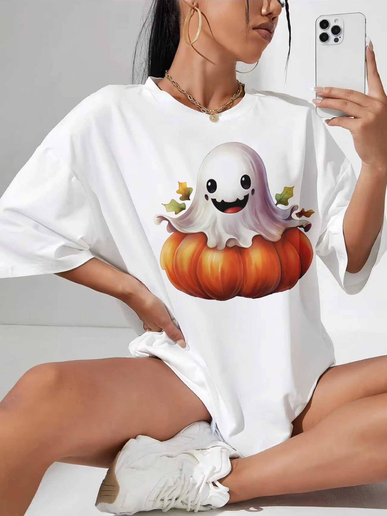 

Scary Halloween Pumpkin Oversized white maternity T-shirt breathable cotton round neckline relaxed design