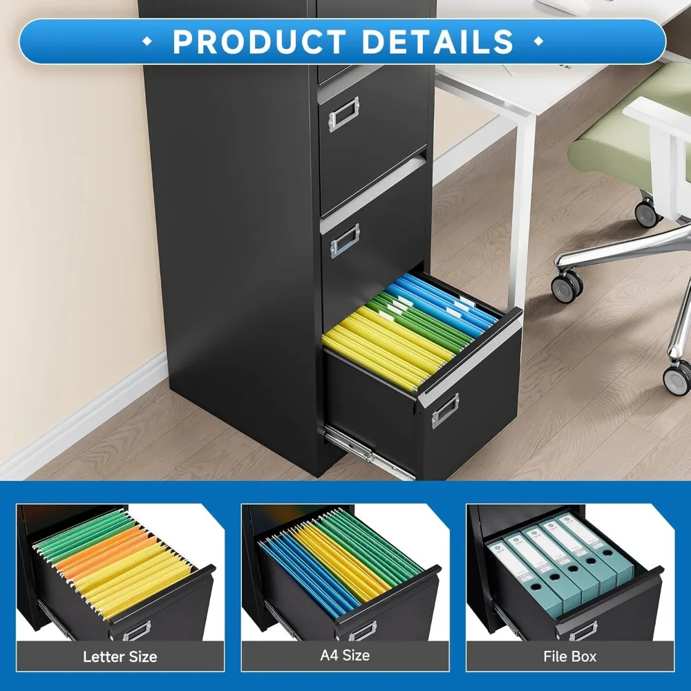 4 Drawers Vertical File Cabinets - Lateral Filing Cabinets - Metal Steel Lockable Storage for Home Office to Hanging Files