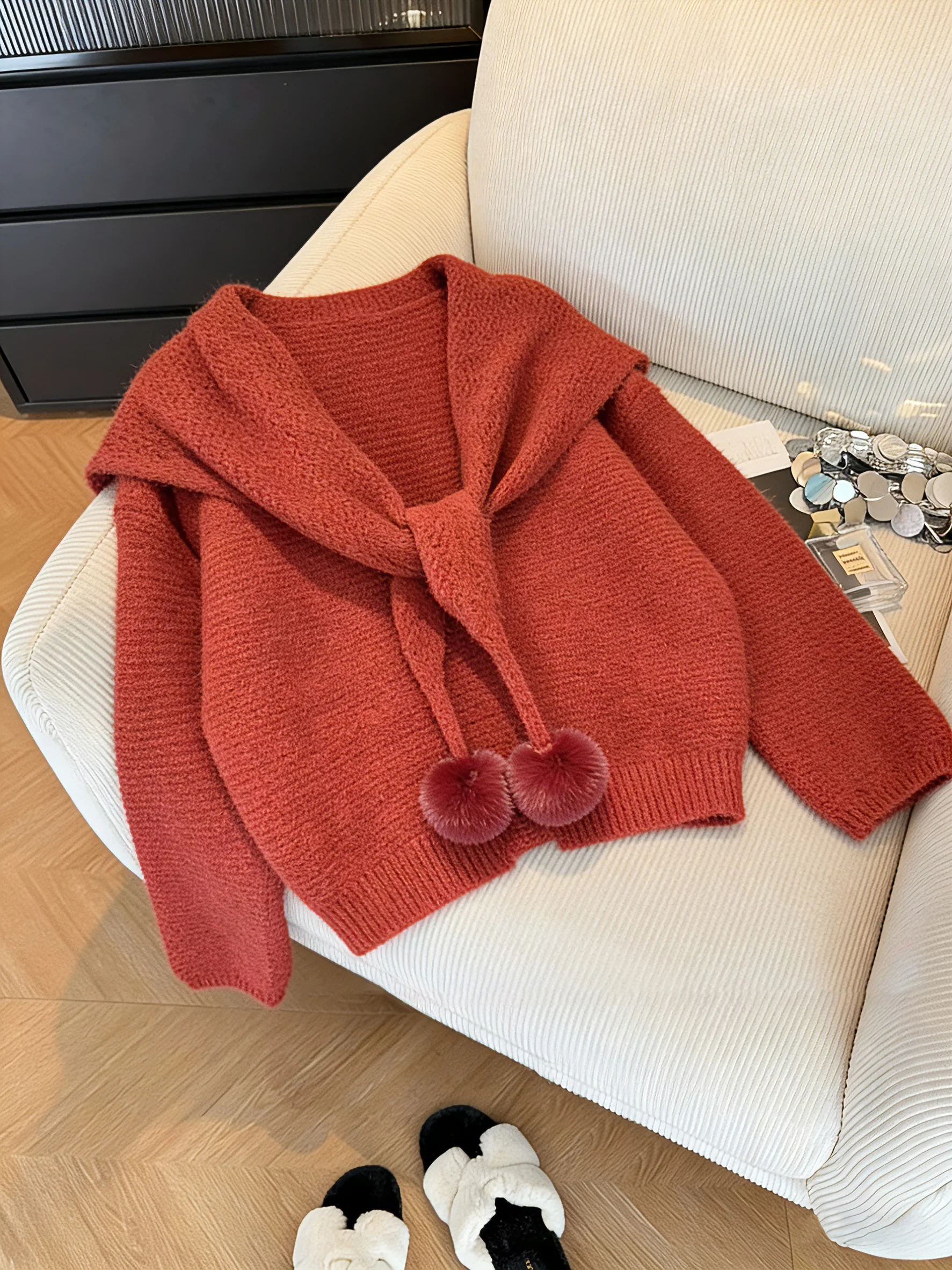 

Thiened Red Knitted Scarf Sweater ex Spring Autumn Faionable Versatile Warmth Casual Sle round Ne Long Sve Top
