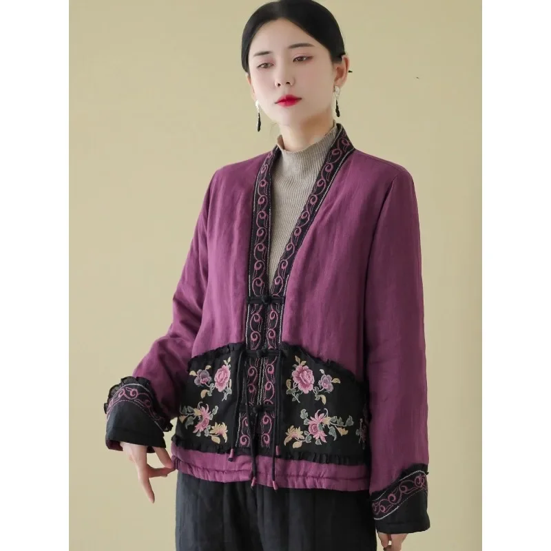 Autumn Winter Ethnic Style Linen Plate Buckle Embroidery Embroidered Tang Suit Tops Cotton Clothes Women's Fashion Tea Clothes