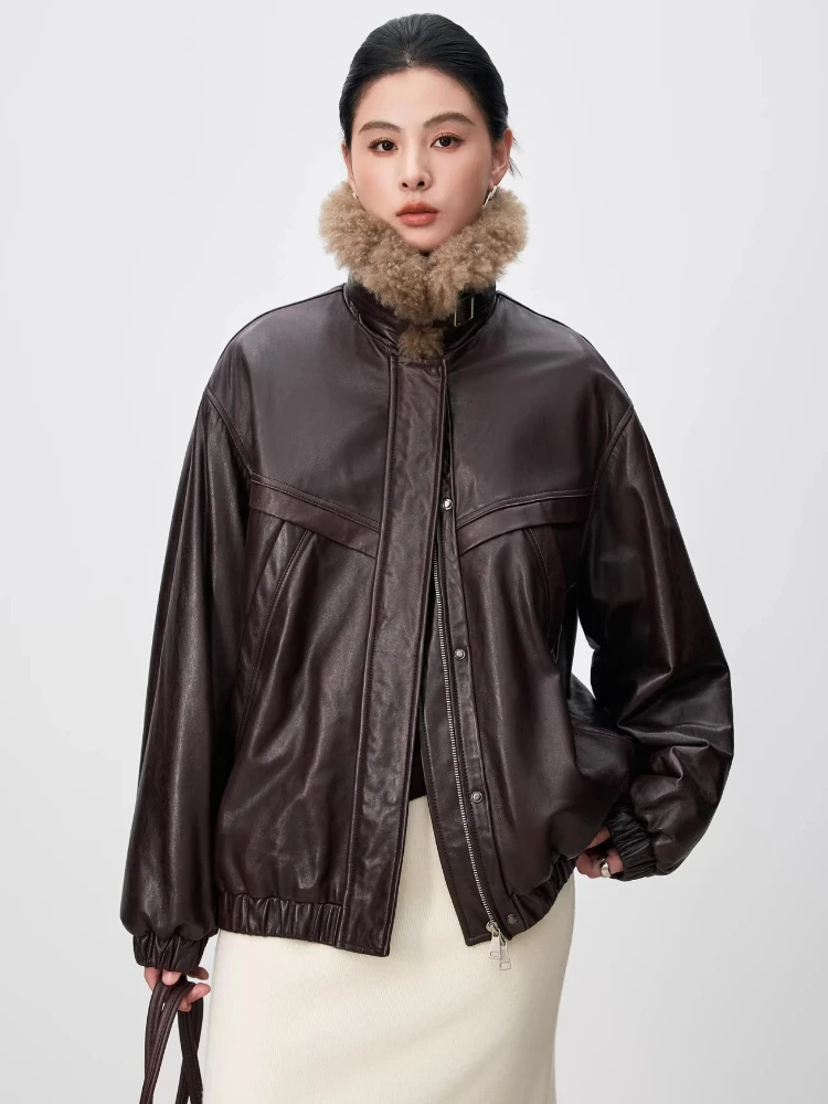 

Natural Cashmere Collar Genuine Leather Jackets for Women Winter High-end Simple Soft Oil Wax Real Sheepskin Camel Down Coat