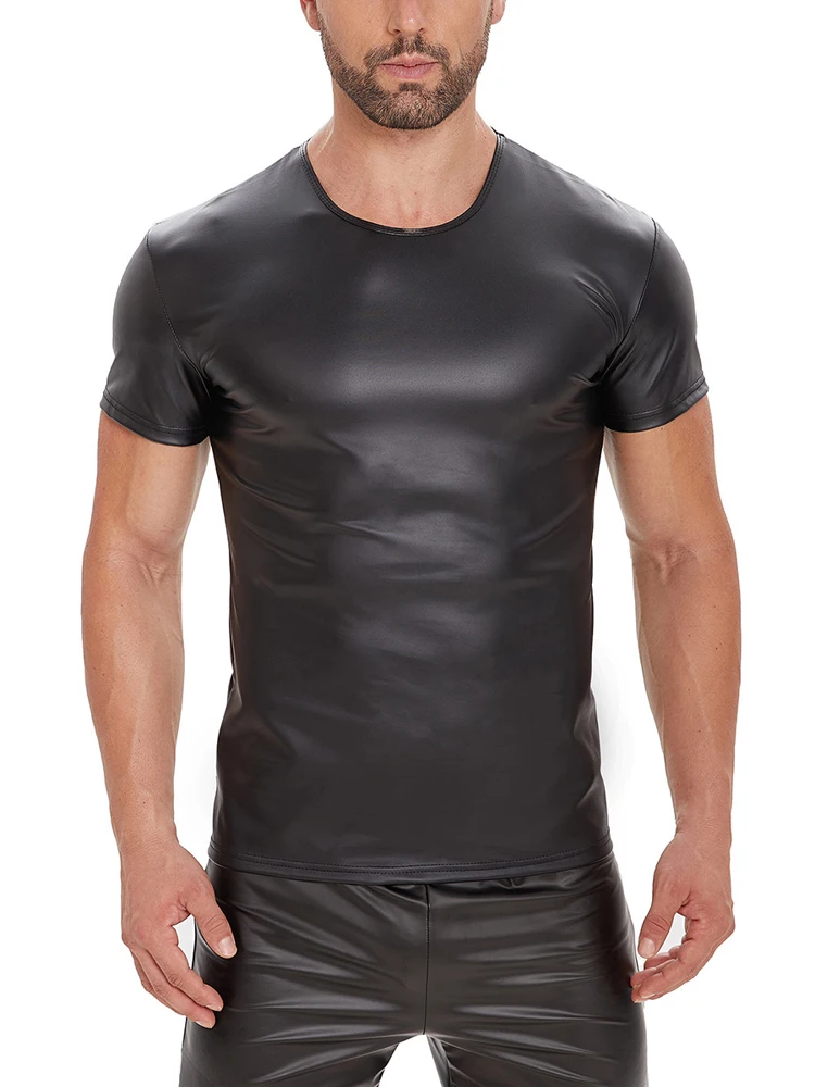 ماتي لامعة الأسود تانك القمم الرجال ضيق بولي Leather تي شيرتات جلدية مثير كلوبوير القمم رجل الملابس مطاطا المشكل فاسق الموضة