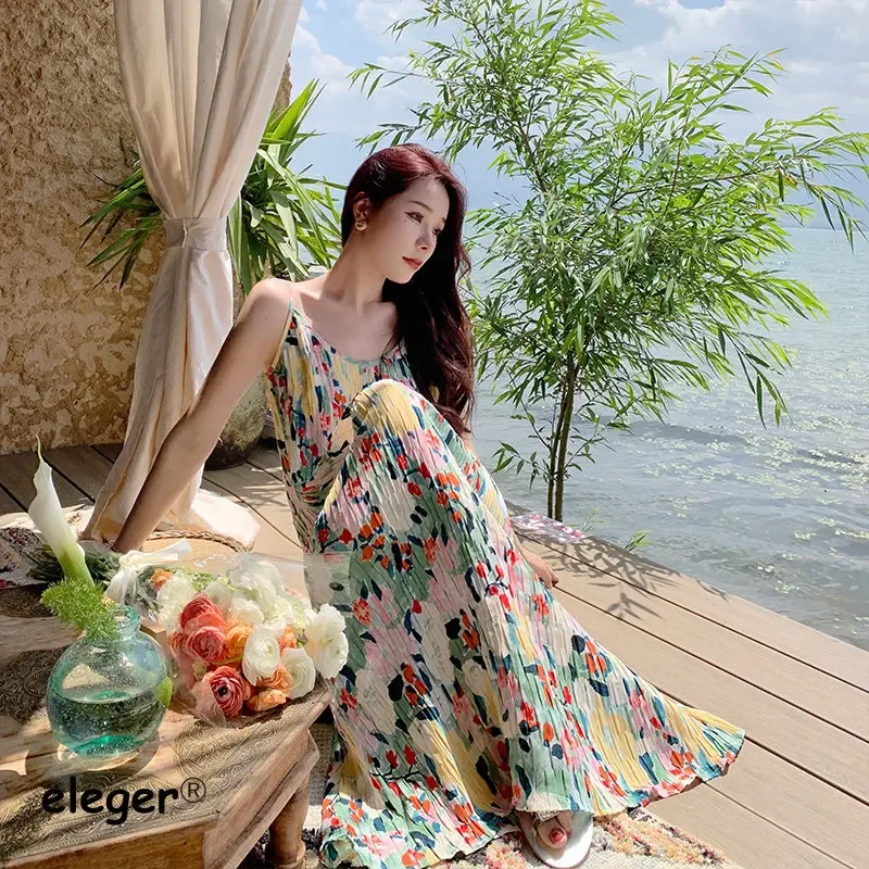 2024 New Summer Women\'s Vacation Beach Dress Korean Midi Long Elegant Gentle Girl Simple Bohemian Casual Vintage Style Dresses