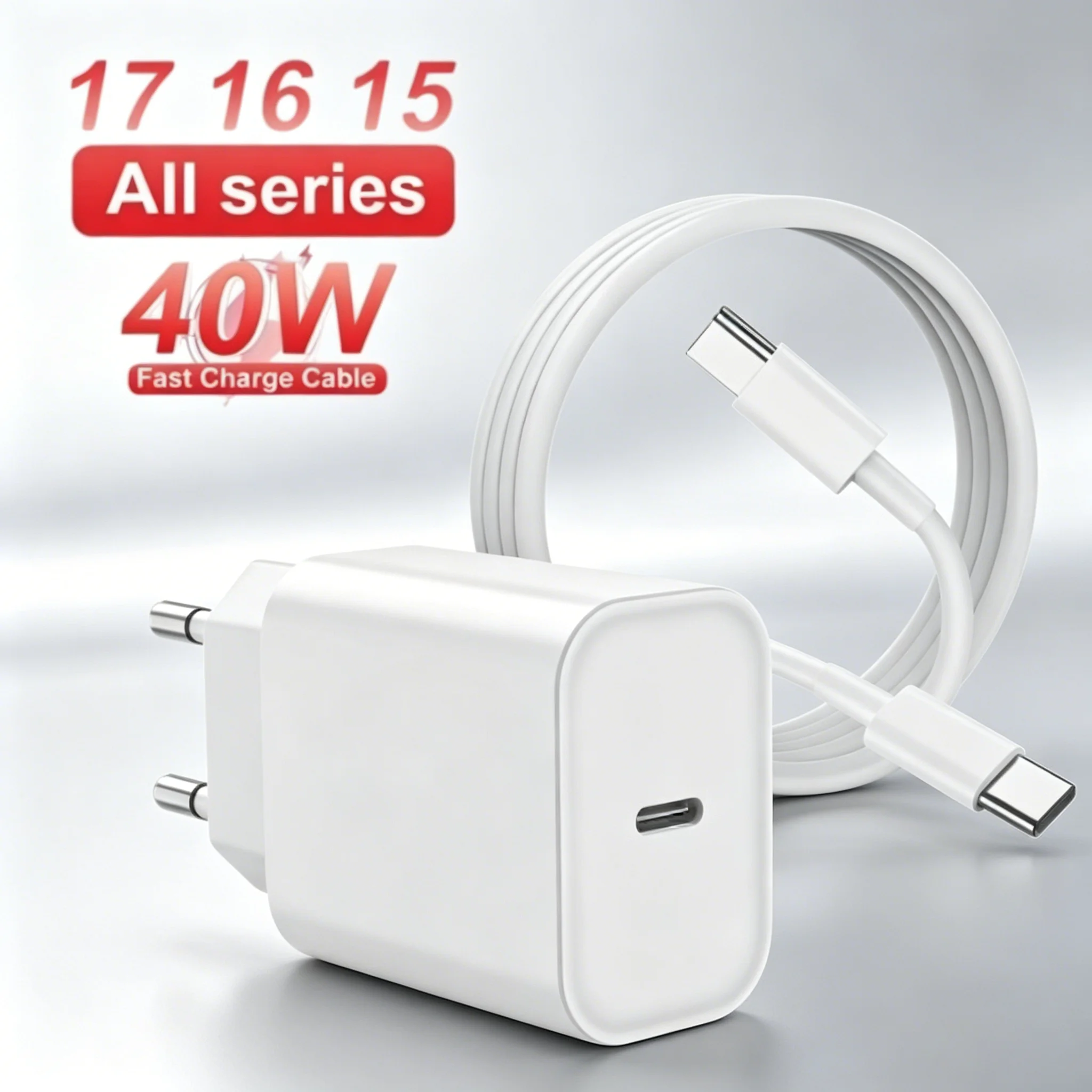 Carregador PD 40W USB C com Cabo de Carregamento Rápido para iPhone 17 16 15 Pro Max Air PIUS, Cabo de Dados Tipo-C, Carregador Rápido de Celular e Adaptador de Energia