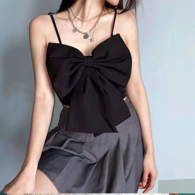 Summer New Solid Color Sleeveless Bow Sexy Sling Women American Style High Street Fashion Y2K Street Nightclub Ventilate Tops