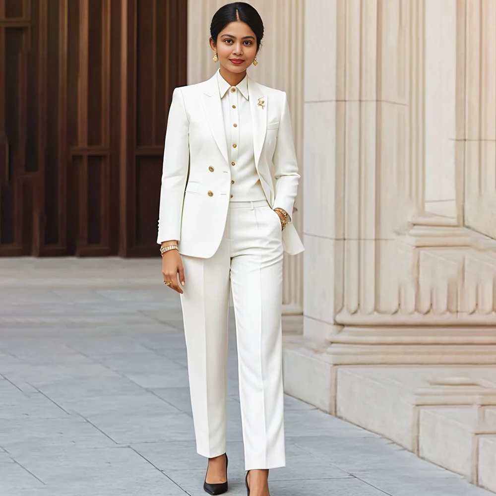 

Formal White Women's Suits Elegant Double Breasted Peak Lapel Skinny 3 Piece Jacket Pants Vest Full Sets Office Lady Outfits