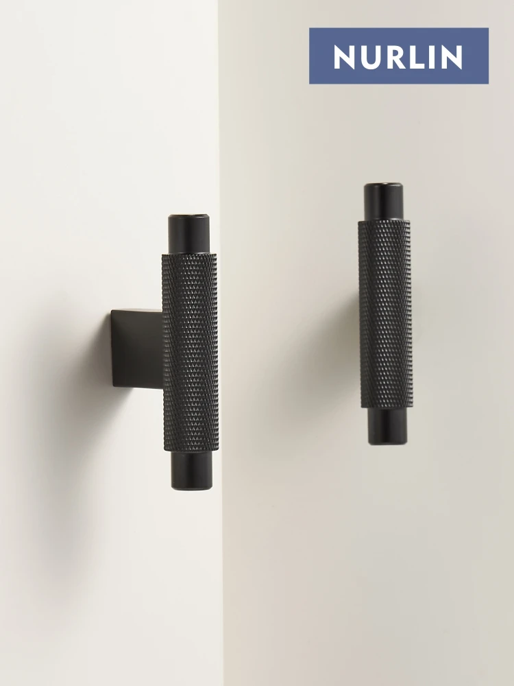 Nurlin Solid Brass Knurling Black Cross Pattern Cabinet Knob Cupboards T-bar Furniture Refrigerator Door Pull Bar Kitchen handle