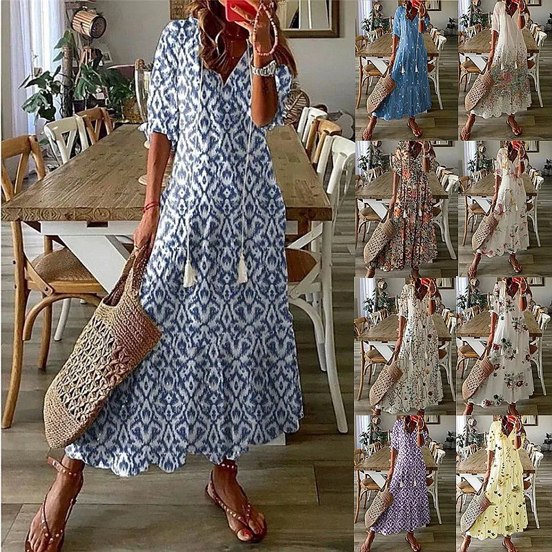 Elegante Vestido Midi Estampado con Cuello en V y Borlas, Vestidos Largos Holgados Estilo Boho para Mujer, Vestidos Casuales Fluidos de Primavera/Verano con Mangas Cortas