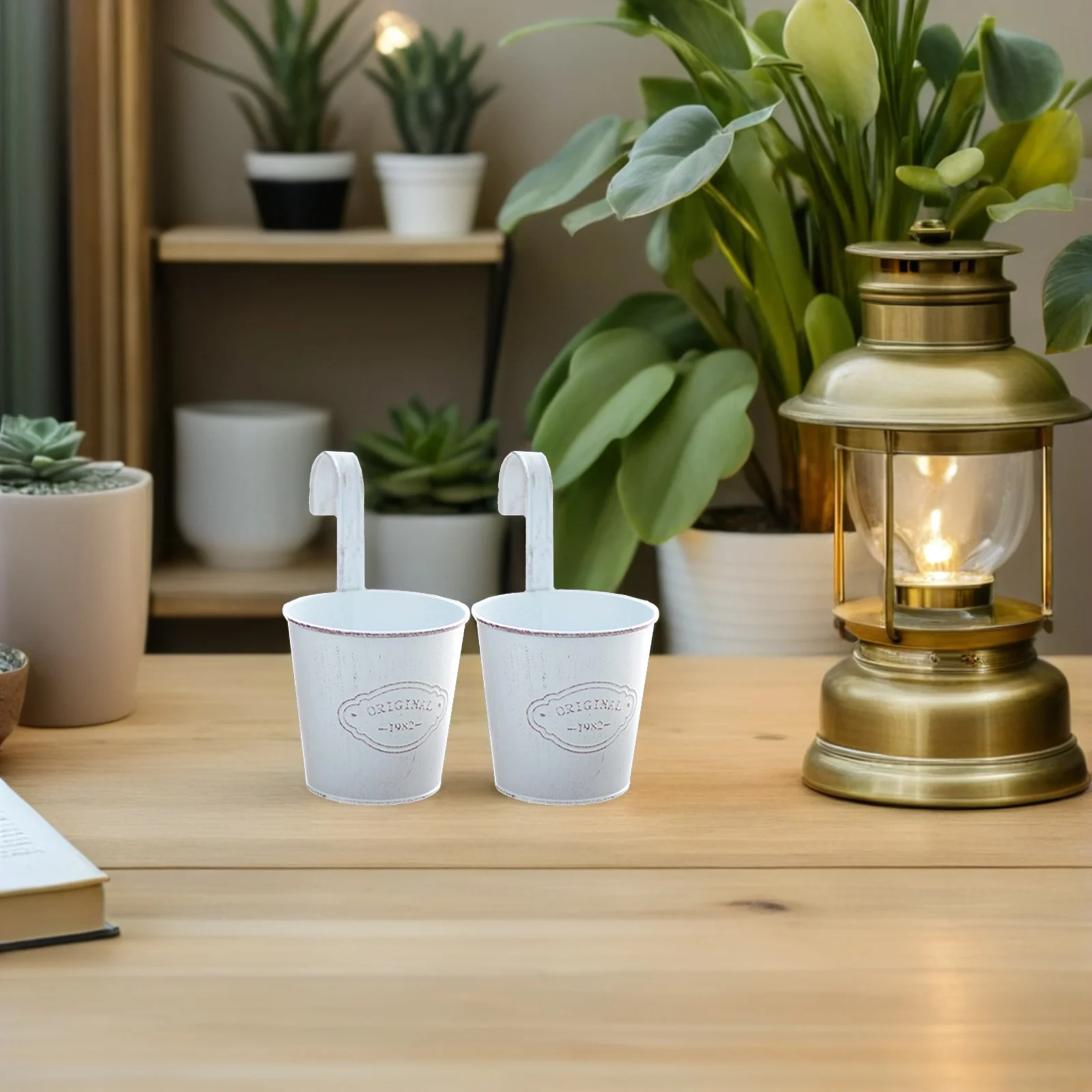 

2Pcs Iron Flower Pot Hanging Bucket Balcony Planter Rustic Style Small Hook Gardening Pot Balcony Flower Bucket