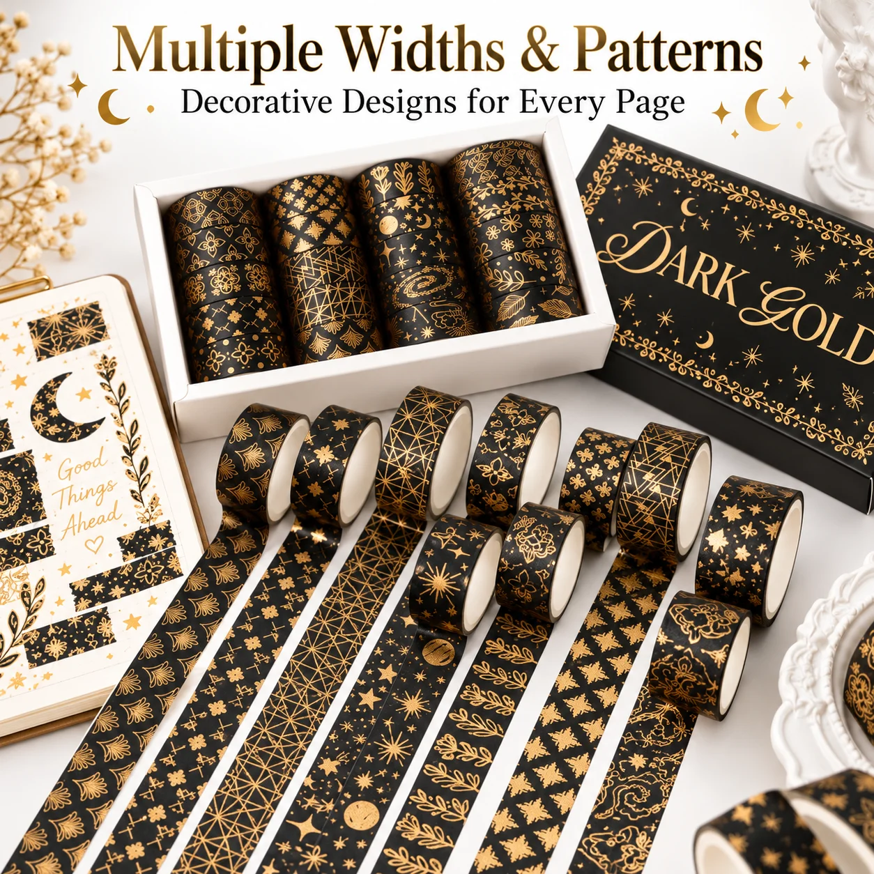 Black Washi Tape Set with Gold , Decorative Journaling Tape for Scrapbooking, Planner, DIY Crafts & Gift Wrapping