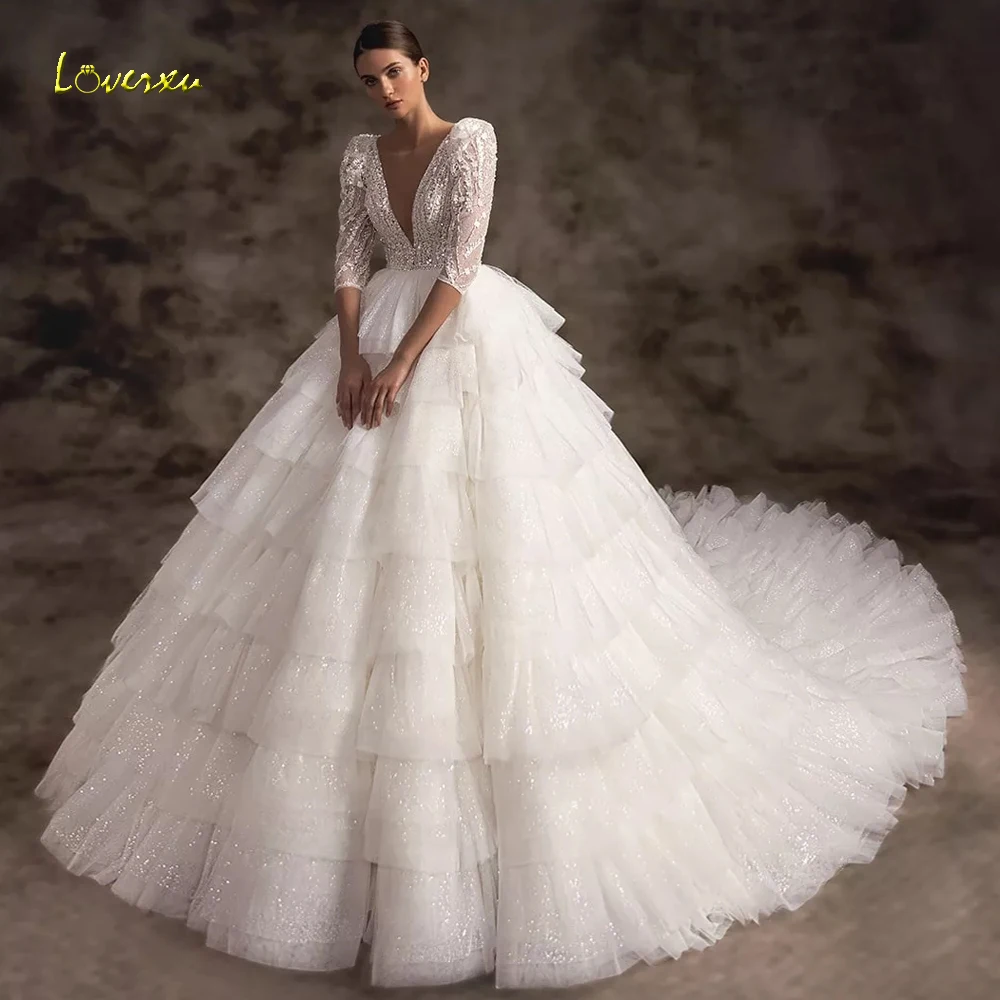 Loverxu Ball Gown Princess Wedding Dresses V-Neck Three Quarter Tiered Vestido De Novia Lace Charming Custom Made Bridal Gown