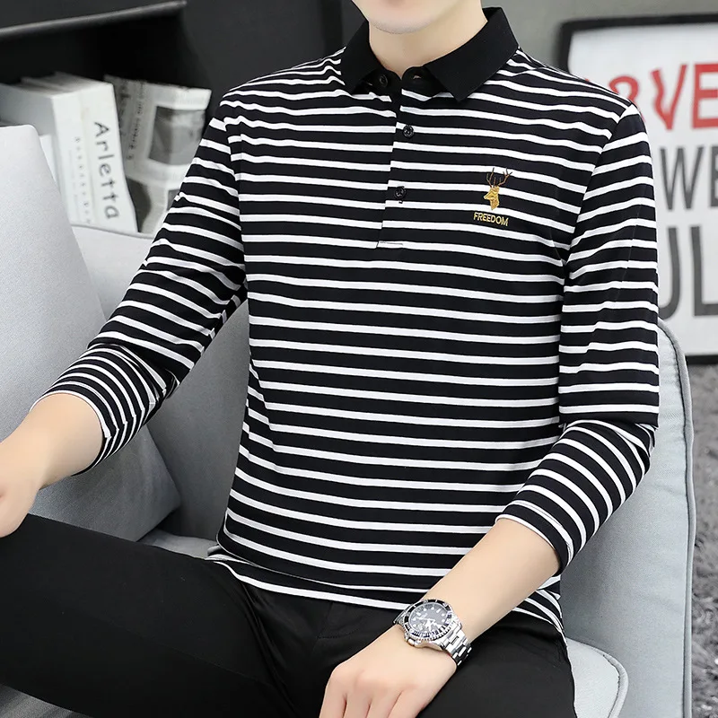 Spring and Autumn New Men\'s Long-sleeved T-shirt Lapel Striped Polo Shirt Men\'s Korean Version of The Stripes Casual Tops