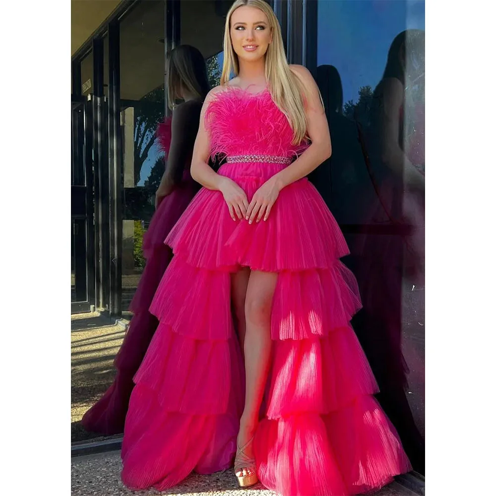 Feathers on Chest Organza Rose Red Rhinestones Waist Playful Dress With Short Front Customized Long Back Women's Evening Events