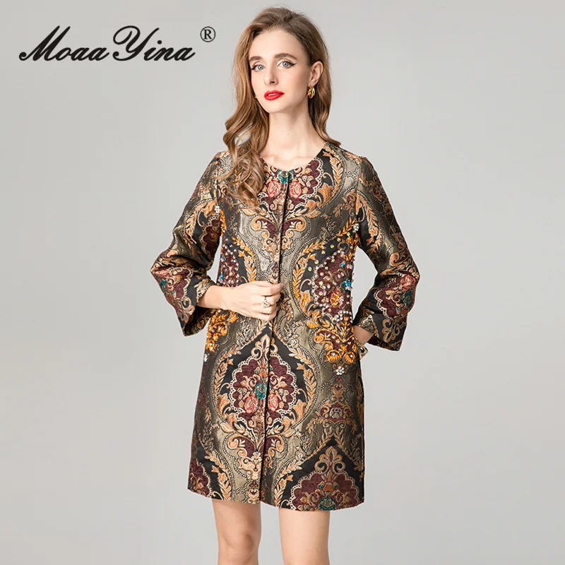 معطف MoaaYina لخريف وشتاء 2025 للسيدات جديد عصري برقبة دائرية وأكمام طويلة من قماش الجاكار وخرز للأظافر سترة واقية من الرياح #2