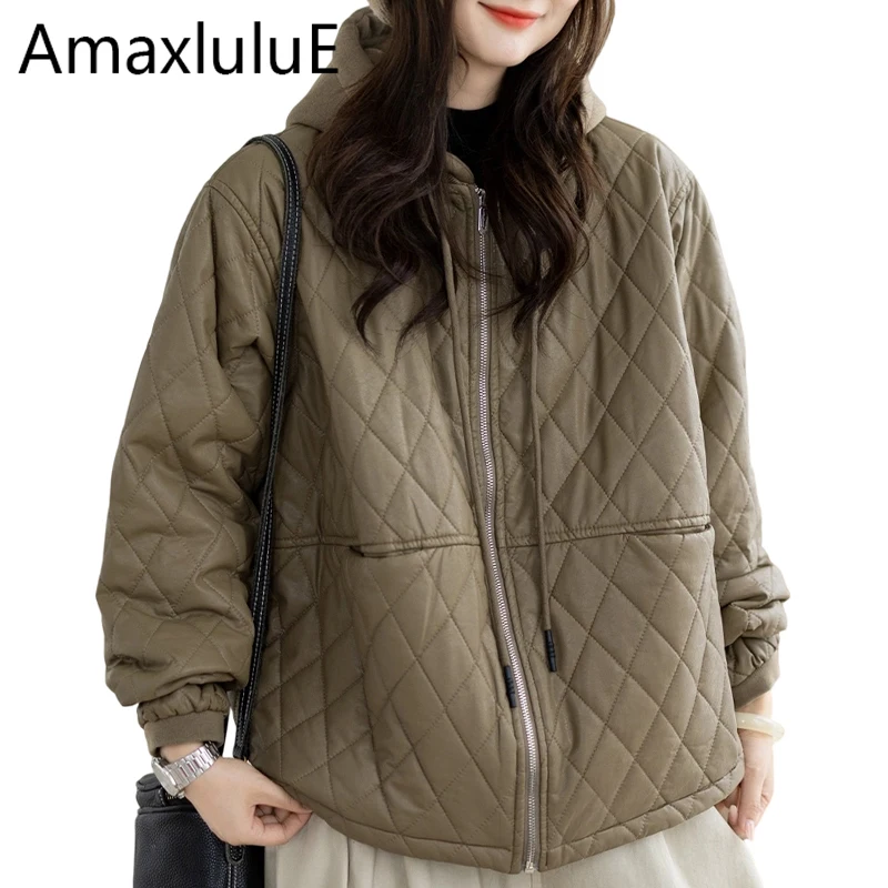 Amax LuluE 2026 Winter Women Fashion Thicken Padded Pu Jackets Hooded Faux Leather Coats Ladies Casual Classic Loose Warm Parkas