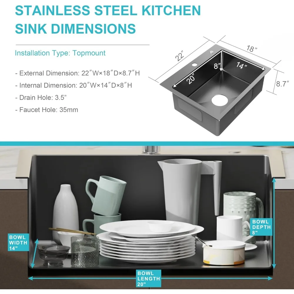 Lavello da cucina a vasca singola in acciaio inossidabile 22x18 con kit di scarico e griglia inferiore, nero, design con montaggio dall'alto per uso su bar