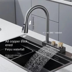 Cozinha 304 aço inoxidável pull-out cachoeira único furo torneira lavagem de louça fria e quente giratória Mixer Tap