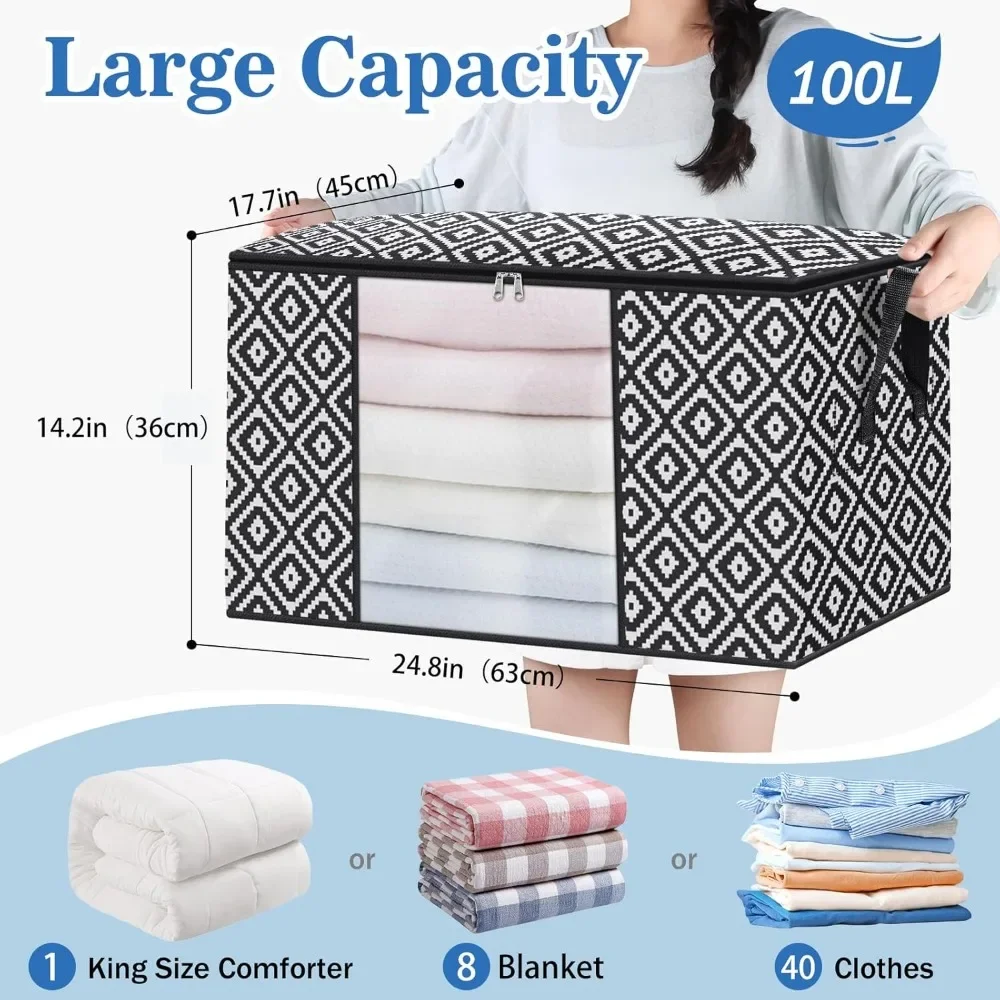 100L Storage Container, Foldable Tissue and Storage Bag, Reinforced Handling, Transparent Window, Bedding, Clothing, 6 Packs