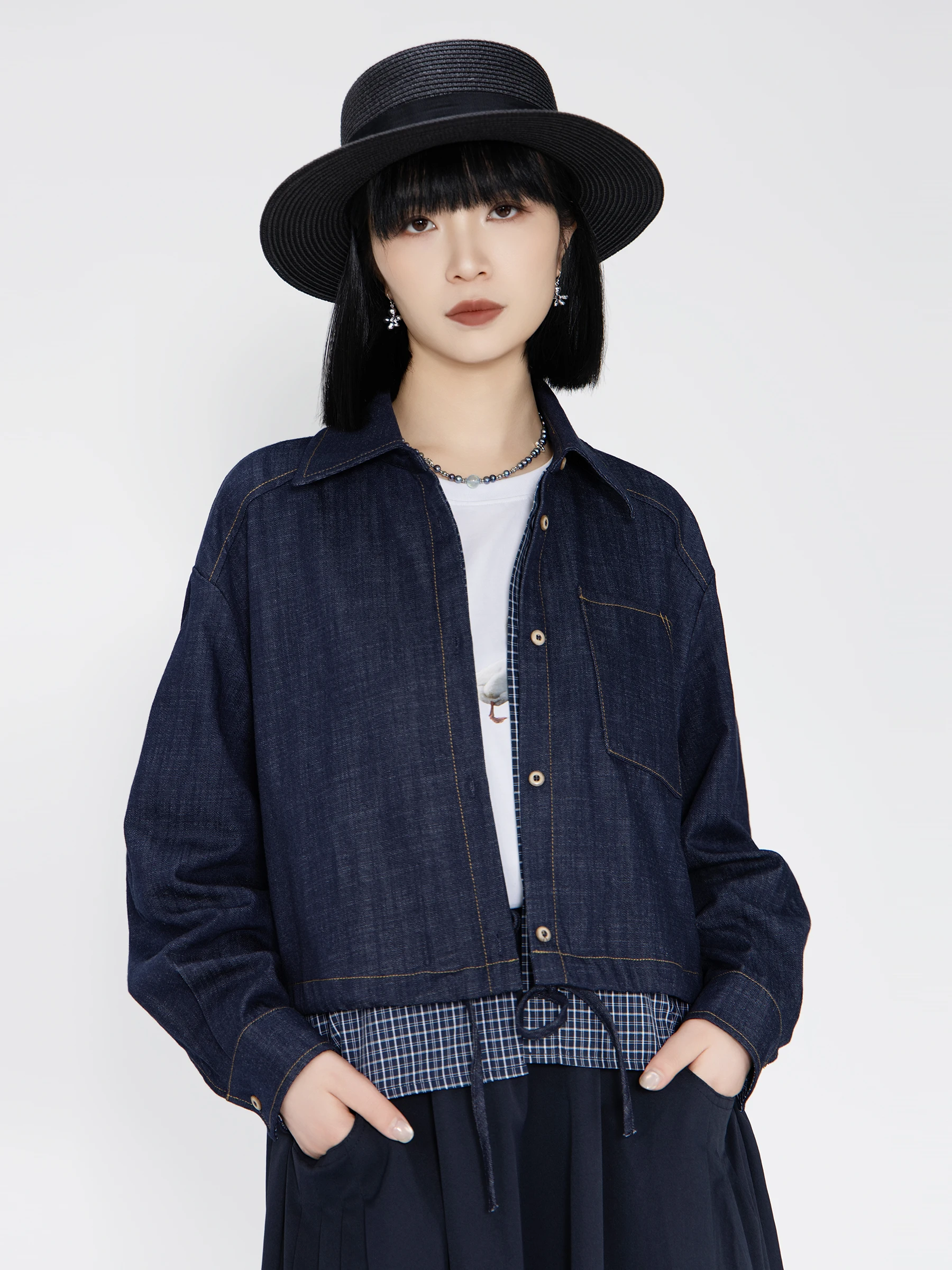 

Bookru 2026 Spring Vintage Denim ort irt Miu Series Women's Plaid Splicing Jaet Sli Slim Fit Long Sve Button up