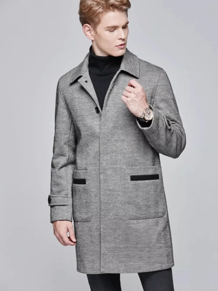 Large Size 5XL 6XL Mens Business Casual Striped Woolen Coat Single Breasted Medium Long Turndown Collar Windbreakers Overcoat