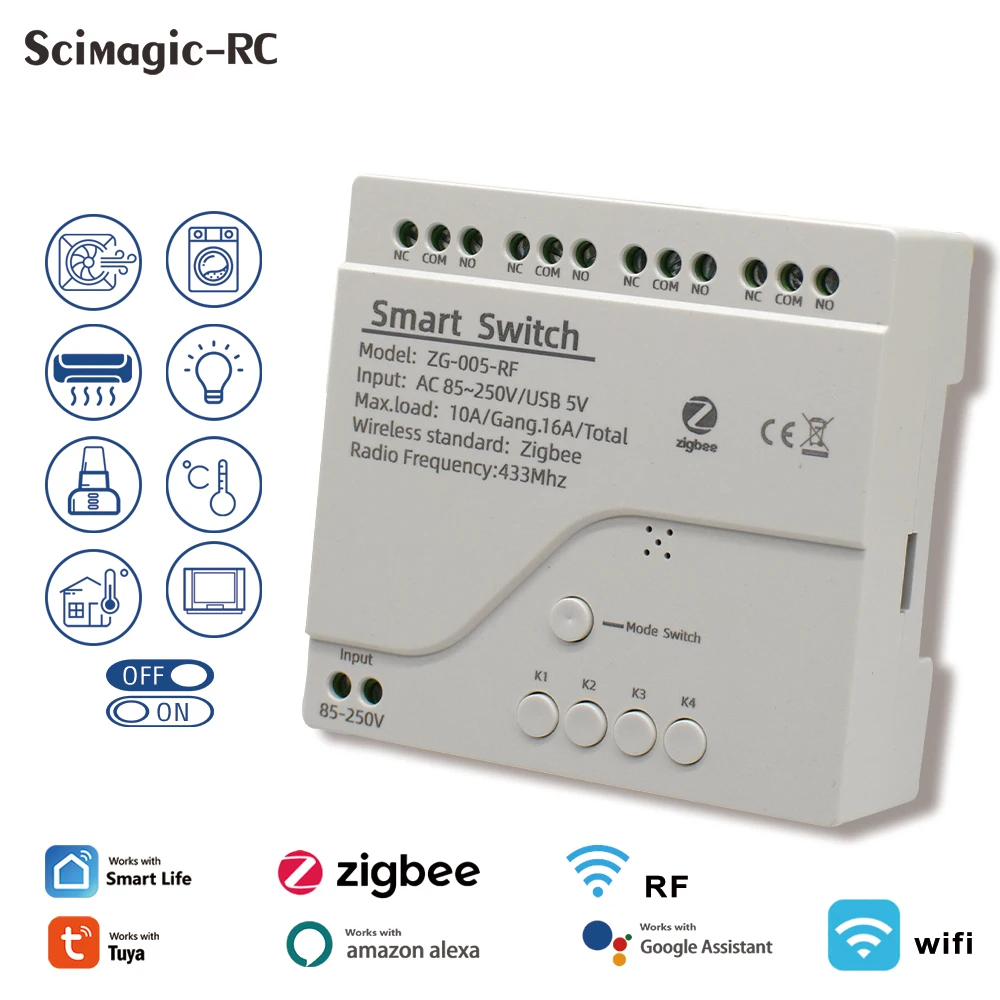 Tuya Zigbee 3.0 4 Channel wireless smart switch module AC DC 7-32V 85-250V RF433.92MHz receiver 16A relay Tuya smart life