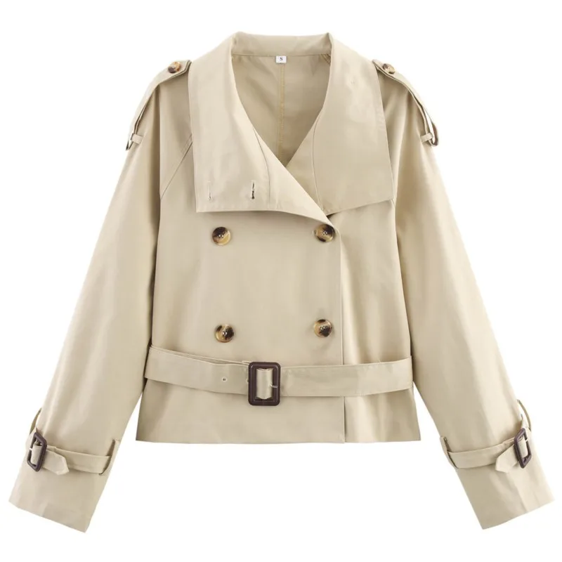 2025 Autumn New Women's Street-Style Collared Trench Coat Short-Length Outerwear Belt Buckle Detail Stylish Windproof Jacket