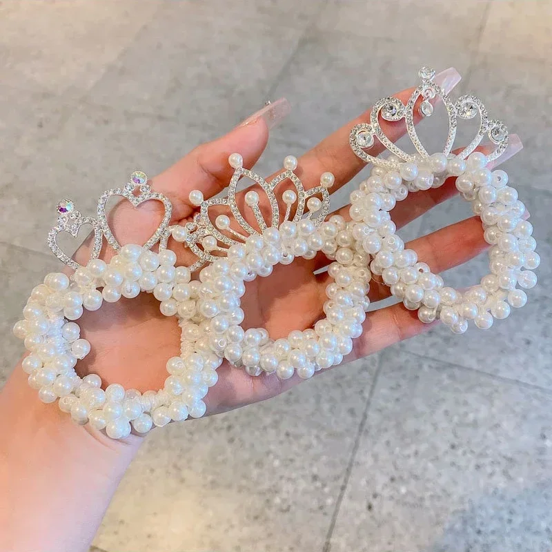 2PC Fashion Pearl Crown Princess Cute Kids Elastic Hair Bands Children Hair Bun Ties Girls Hair Accessories Baby Headwear