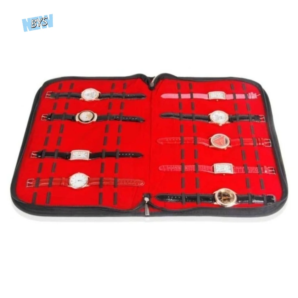 

20 Slot Portable Watch Strap Organizer Multi-function Flannel Watch Travel Case Pouch Black Red Leather Watch Storage Bag