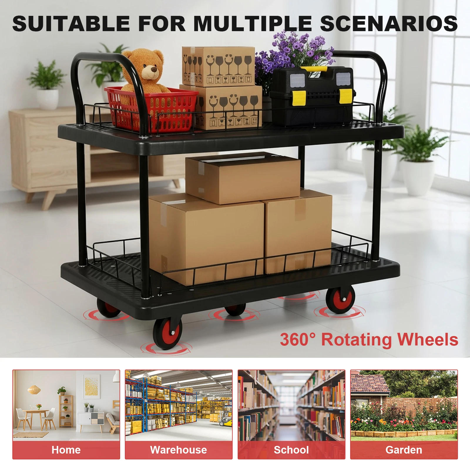 Multifunctionele mobiele gereedschapswagen met 2 planken, capaciteit van 880 lbs, servicewagen voor magazijn/garage/reiniging/fabricage